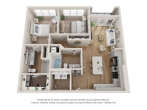 Floor plan for 2 beds, 2 baths, 1111 sqft
